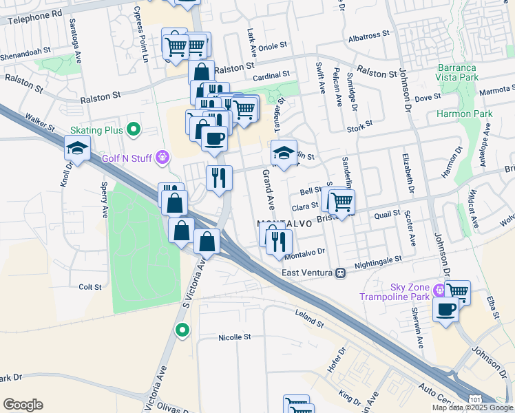 map of restaurants, bars, coffee shops, grocery stores, and more near 2192 Alameda Avenue in Ventura