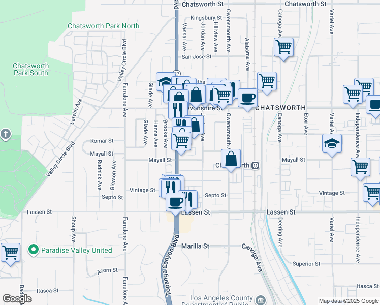 map of restaurants, bars, coffee shops, grocery stores, and more near 21901 Dupont Street in Los Angeles
