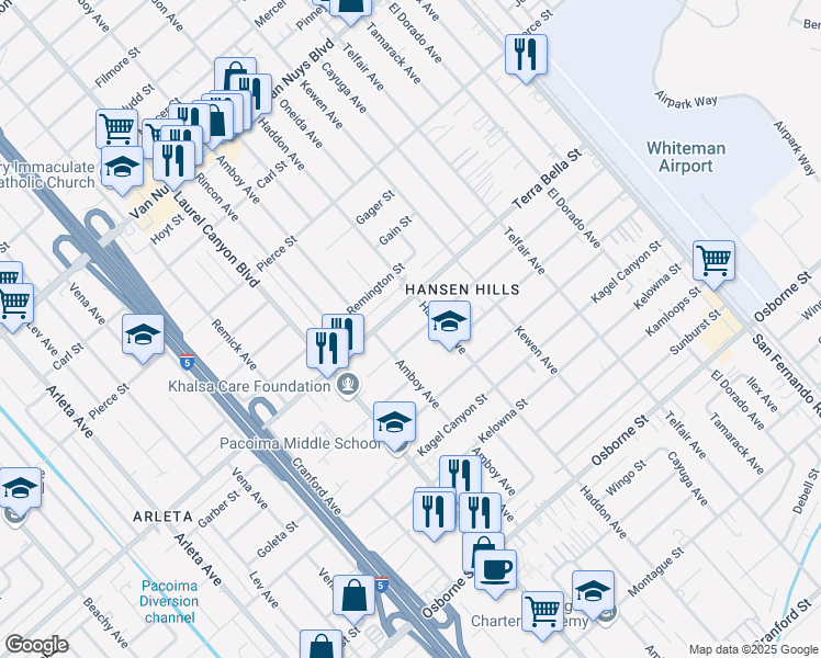 map of restaurants, bars, coffee shops, grocery stores, and more near 13291 Garber Street in Los Angeles