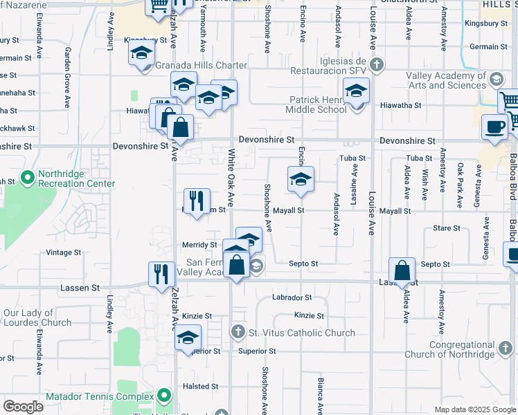 map of restaurants, bars, coffee shops, grocery stores, and more near 17613 Mayall Street in Los Angeles