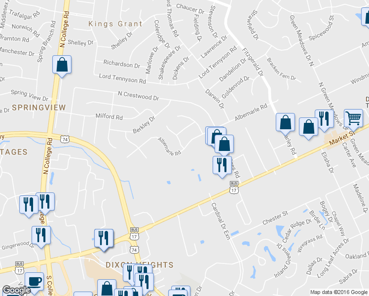 map of restaurants, bars, coffee shops, grocery stores, and more near 474 Albemarle Road in Wilmington