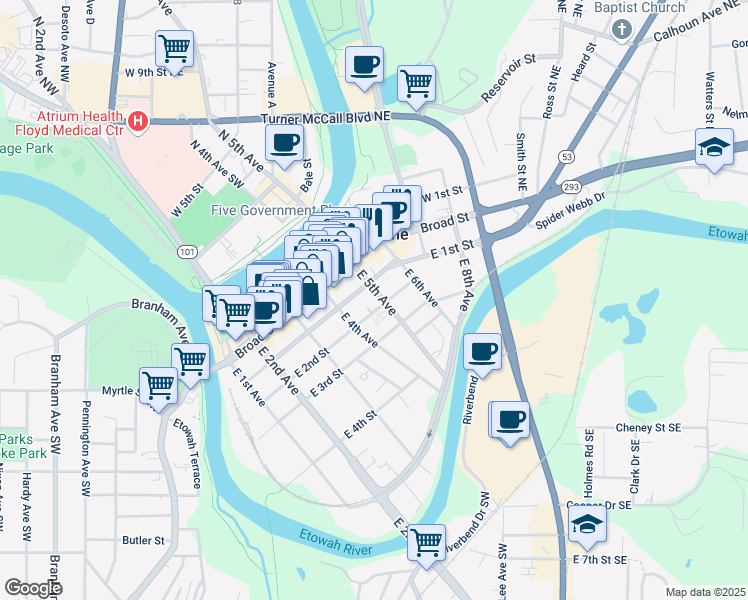 map of restaurants, bars, coffee shops, grocery stores, and more near 106 East 5th Avenue in Rome