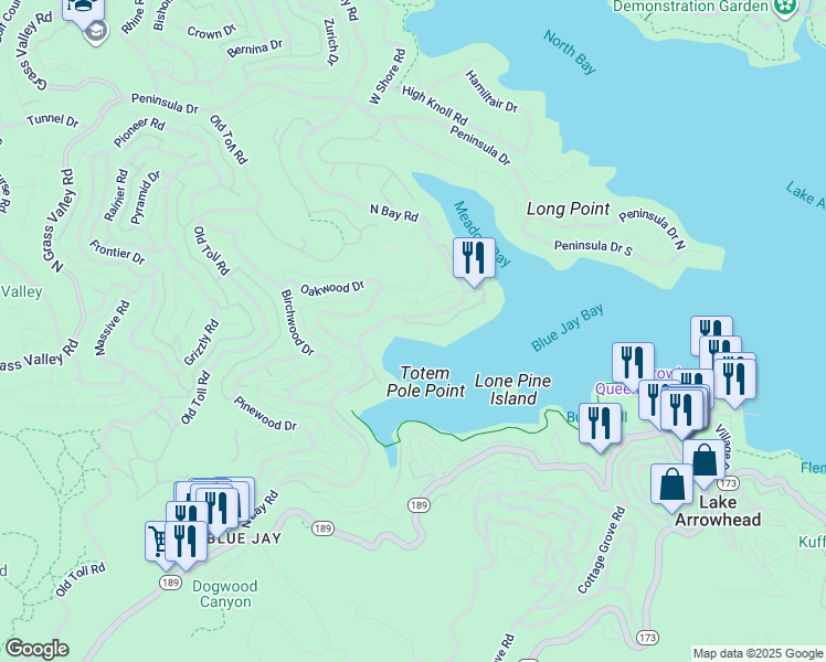 map of restaurants, bars, coffee shops, grocery stores, and more near 27423 North Bay Road in Lake Arrowhead