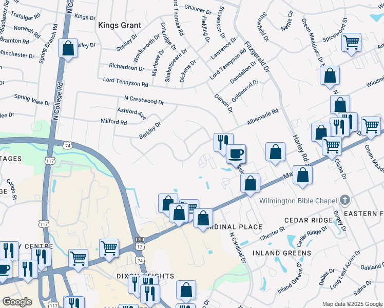 map of restaurants, bars, coffee shops, grocery stores, and more near 462 Albemarle Road in Wilmington