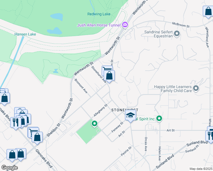 map of restaurants, bars, coffee shops, grocery stores, and more near 11100 Sheldon Street in Los Angeles
