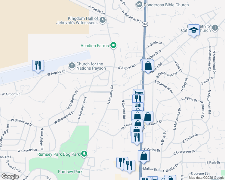map of restaurants, bars, coffee shops, grocery stores, and more near 400 West Sherwood Drive in Payson