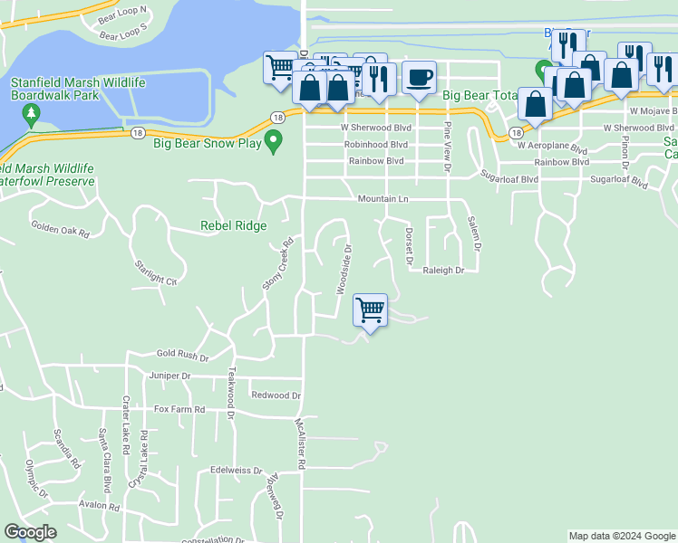 map of restaurants, bars, coffee shops, grocery stores, and more near 489 Woodside Drive in Big Bear