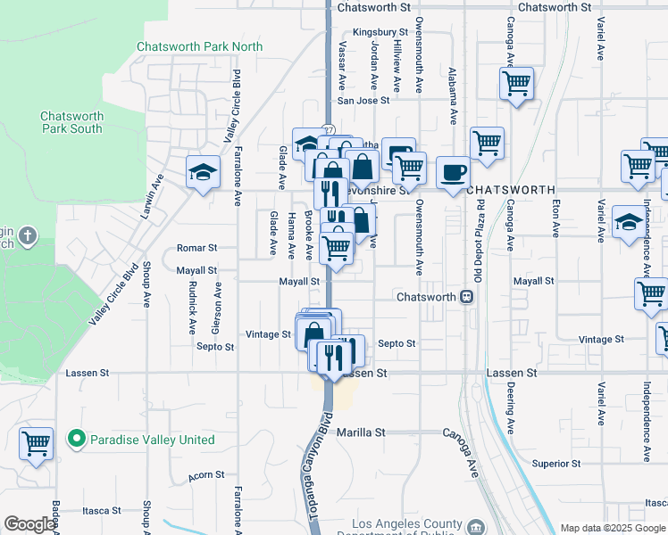 map of restaurants, bars, coffee shops, grocery stores, and more near 10110 Topanga Canyon Boulevard in Los Angeles