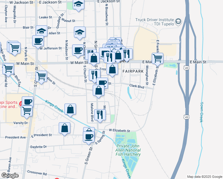 map of restaurants, bars, coffee shops, grocery stores, and more near 418 South Spring Street in Tupelo