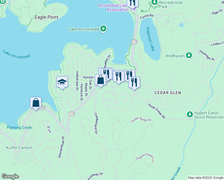 map of restaurants, bars, coffee shops, grocery stores, and more near Ponderosa Drive in Lake Arrowhead