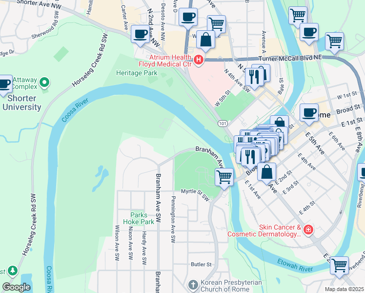 map of restaurants, bars, coffee shops, grocery stores, and more near 118 Branham Avenue Southwest in Rome