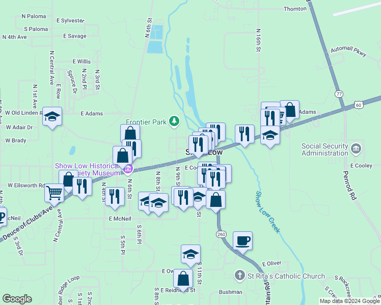 map of restaurants, bars, coffee shops, grocery stores, and more near 1040 East Deuce of Clubs in Show Low
