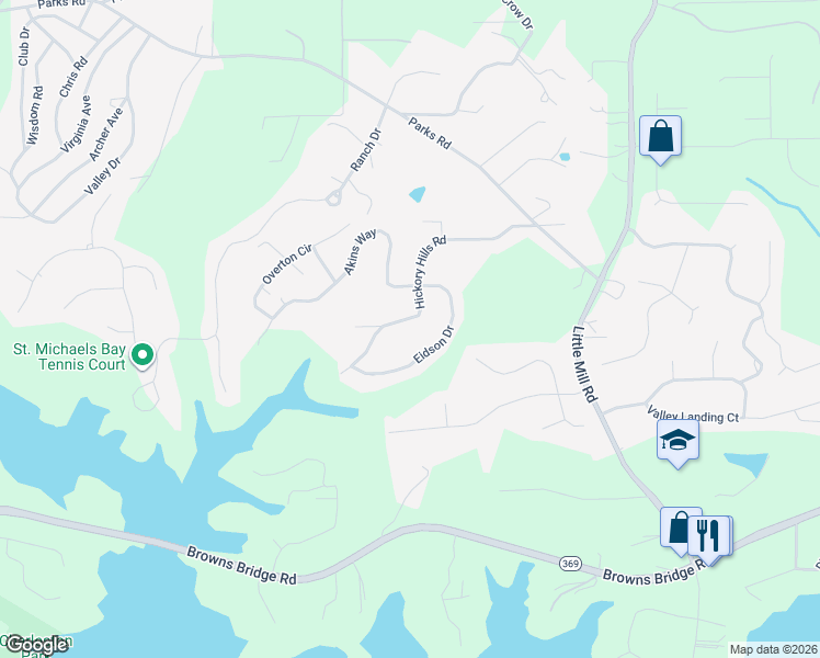 map of restaurants, bars, coffee shops, grocery stores, and more near 6275 Hickory Hills Road in Cumming