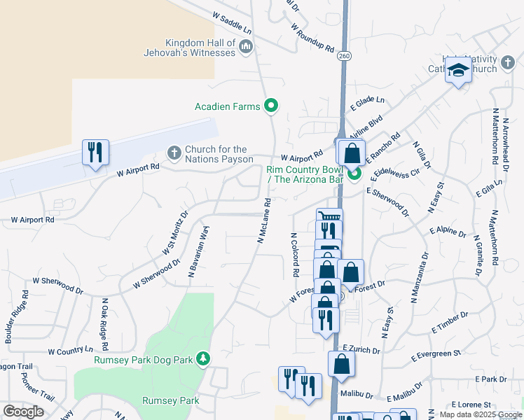 map of restaurants, bars, coffee shops, grocery stores, and more near 400 West Sherwood Drive in Payson