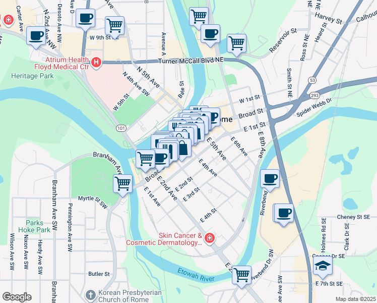 map of restaurants, bars, coffee shops, grocery stores, and more near 336 Broad Street in Rome