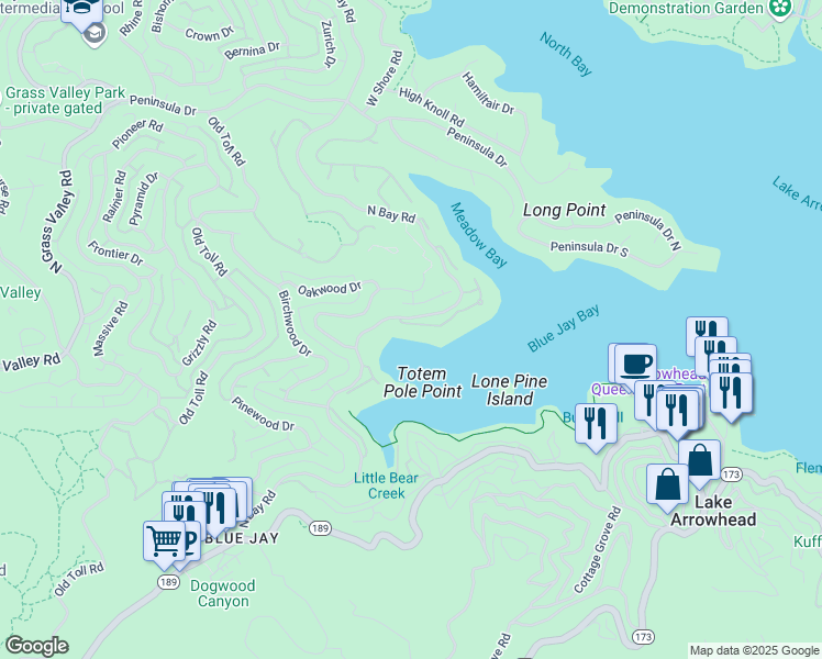 map of restaurants, bars, coffee shops, grocery stores, and more near 27423 North Bay Road in Lake Arrowhead