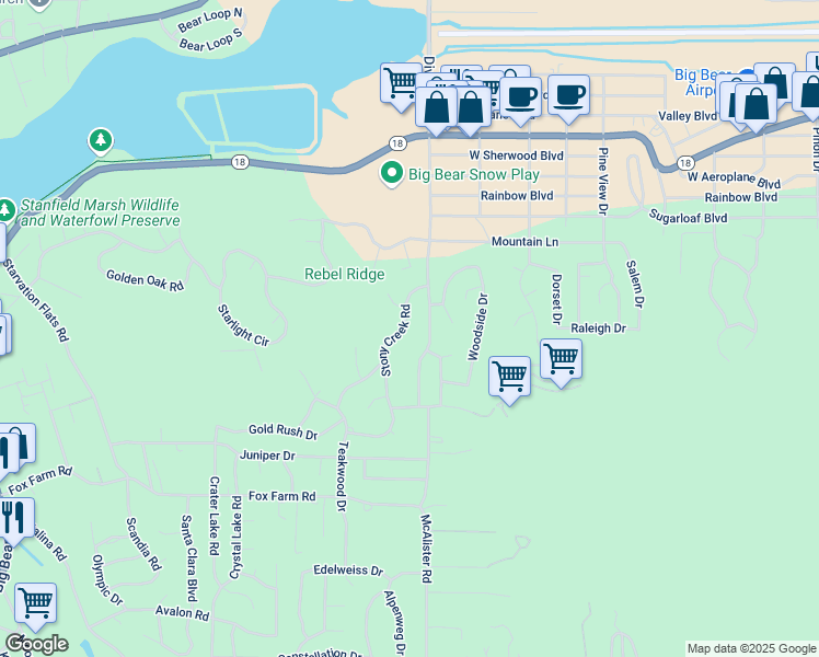 map of restaurants, bars, coffee shops, grocery stores, and more near 289 Stony Creek Road in Big Bear Lake