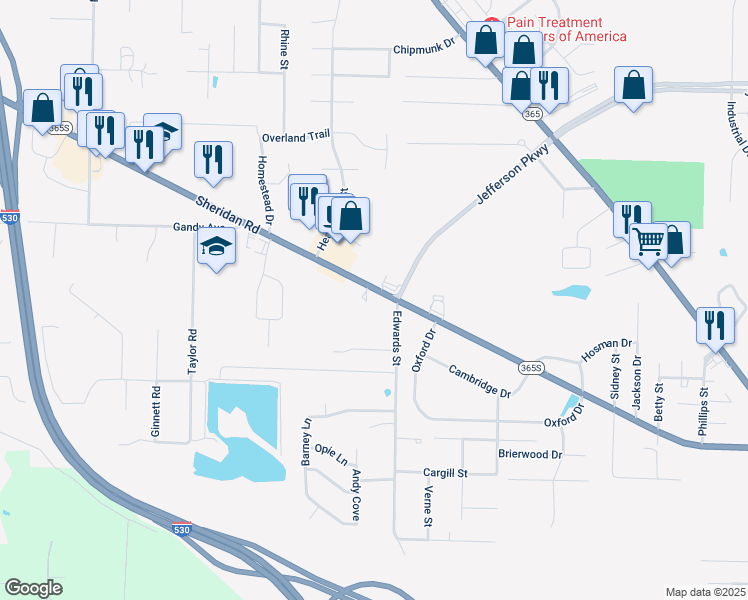 map of restaurants, bars, coffee shops, grocery stores, and more near 7250 Sheridan Road in Pine Bluff