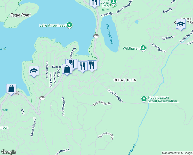 map of restaurants, bars, coffee shops, grocery stores, and more near 29115 Hook Creek Road in Lake Arrowhead
