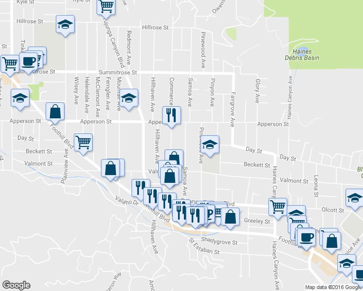 map of restaurants, bars, coffee shops, grocery stores, and more near 10164 Samoa Avenue in Los Angeles