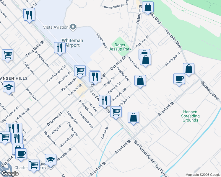 map of restaurants, bars, coffee shops, grocery stores, and more near 12531 Correnti Street in Los Angeles