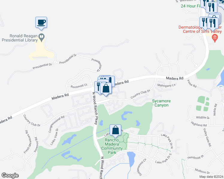 map of restaurants, bars, coffee shops, grocery stores, and more near 477 Country Club Drive in Simi Valley