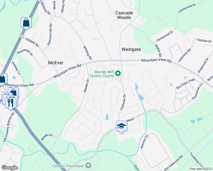 map of restaurants, bars, coffee shops, grocery stores, and more near 4509 Sweet Water Drive in Gainesville