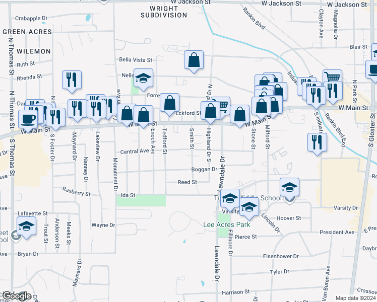 map of restaurants, bars, coffee shops, grocery stores, and more near 203-299 Smith Street in Tupelo