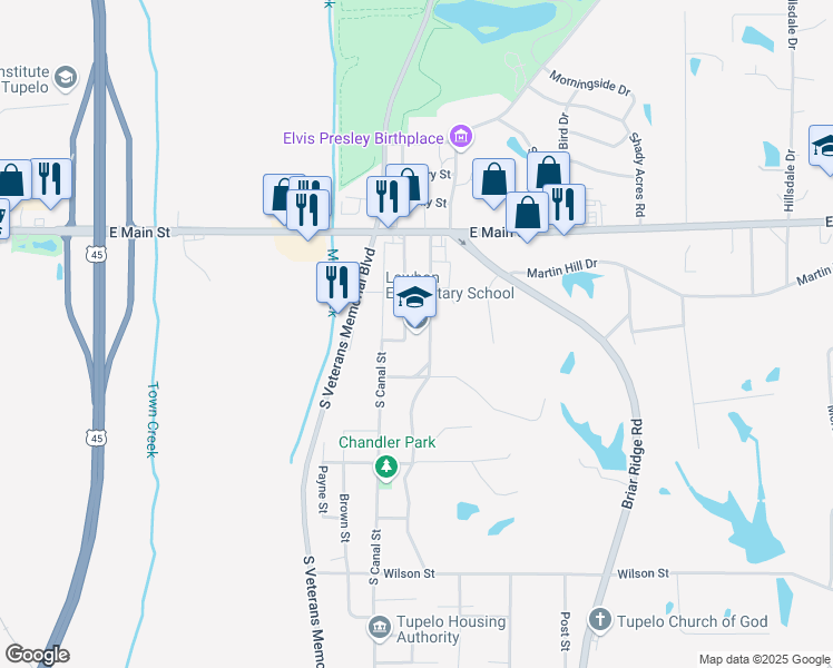 map of restaurants, bars, coffee shops, grocery stores, and more near 140 Lake Street in Tupelo
