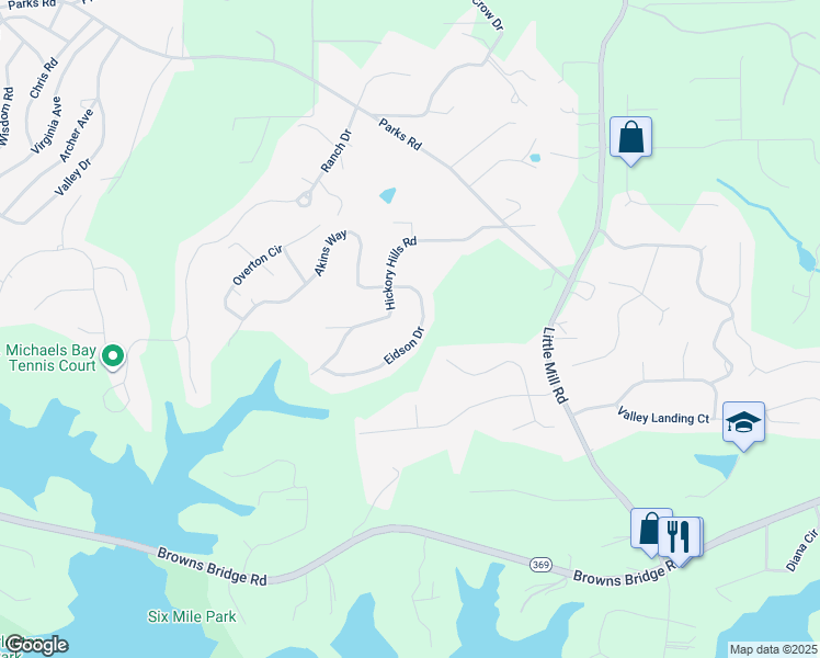 map of restaurants, bars, coffee shops, grocery stores, and more near 6280 Eidson Dr in Cumming