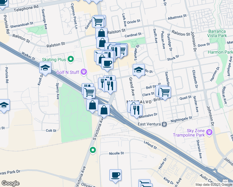 map of restaurants, bars, coffee shops, grocery stores, and more near 2164 South Victoria Avenue in Ventura
