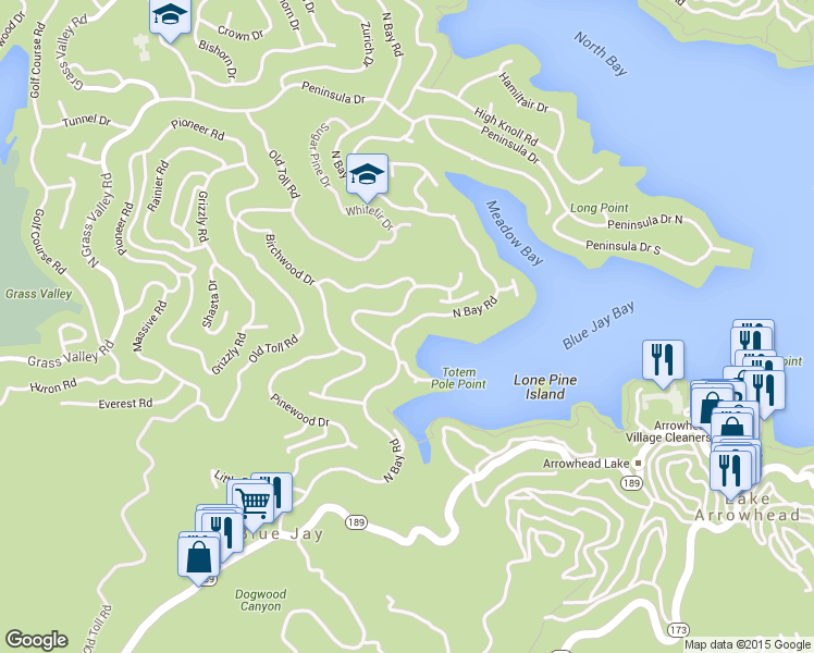 map of restaurants, bars, coffee shops, grocery stores, and more near 27411 North Bay Road in Lake Arrowhead