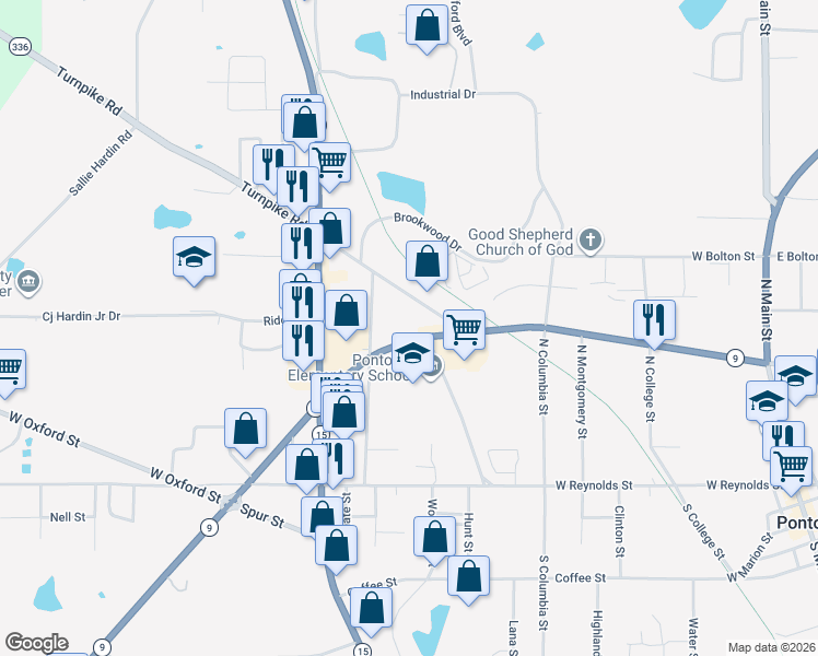 map of restaurants, bars, coffee shops, grocery stores, and more near 260 West Oxford Street in Pontotoc