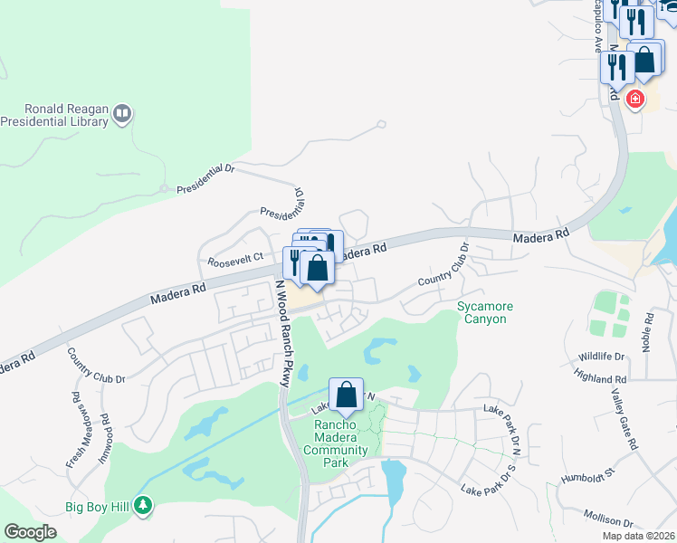 map of restaurants, bars, coffee shops, grocery stores, and more near 485 Country Club Drive in Simi Valley
