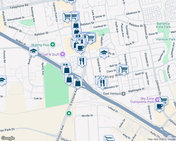 map of restaurants, bars, coffee shops, grocery stores, and more near 2164 South Victoria Avenue in Ventura