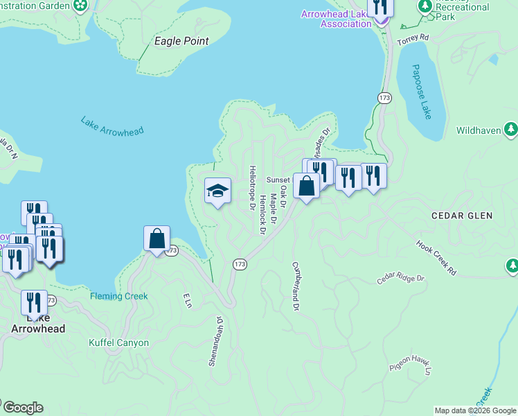 map of restaurants, bars, coffee shops, grocery stores, and more near 248 Hemlock Drive in Lake Arrowhead