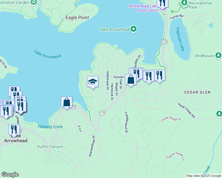 map of restaurants, bars, coffee shops, grocery stores, and more near 248 Hemlock Drive in Lake Arrowhead