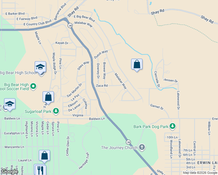 map of restaurants, bars, coffee shops, grocery stores, and more near 232 Zaca Road in Big Bear