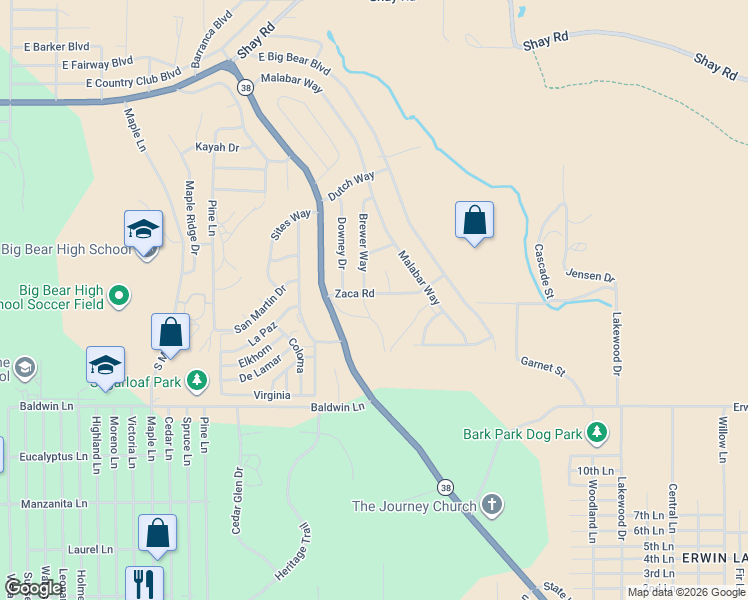 map of restaurants, bars, coffee shops, grocery stores, and more near 232 Zaca Road in Big Bear