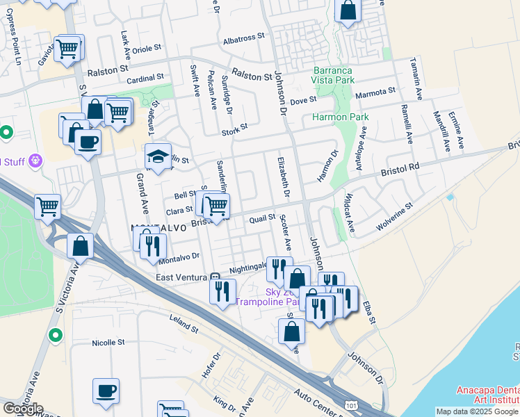 map of restaurants, bars, coffee shops, grocery stores, and more near 6563 Quail Street in Ventura