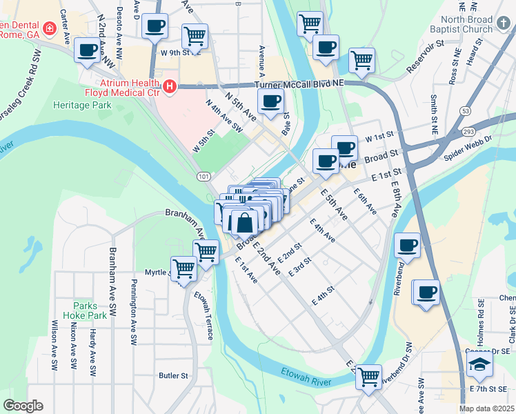 map of restaurants, bars, coffee shops, grocery stores, and more near 131 West 1st Street in Rome