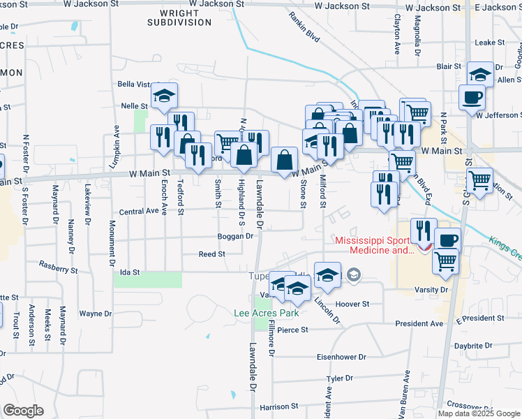 map of restaurants, bars, coffee shops, grocery stores, and more near 1299 Central Avenue in Tupelo