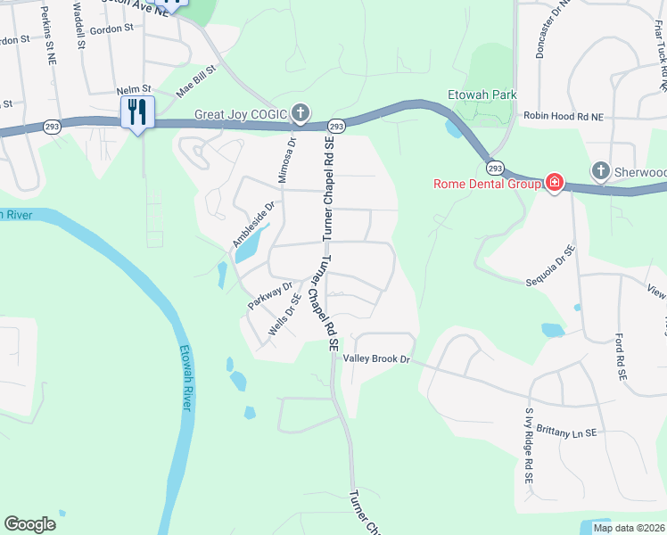map of restaurants, bars, coffee shops, grocery stores, and more near 207 Turner Chapel Road Southeast in Rome