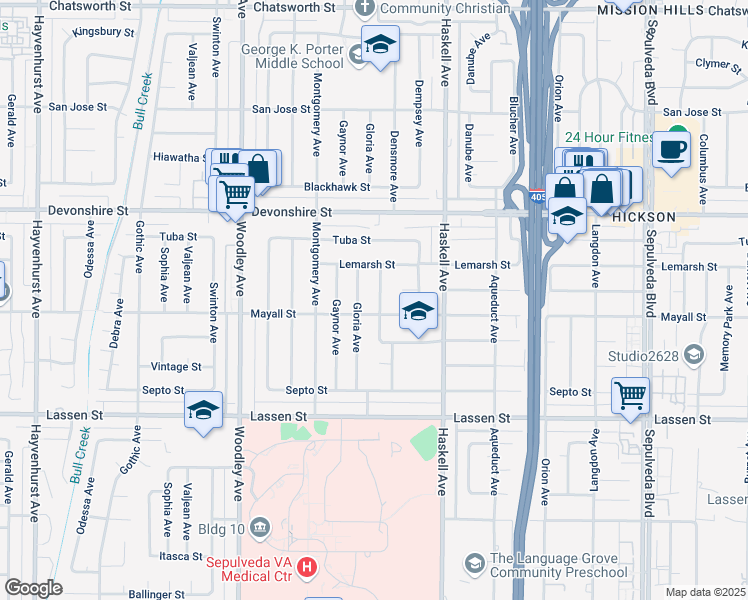 map of restaurants, bars, coffee shops, grocery stores, and more near 10101 Densmore Avenue in Los Angeles