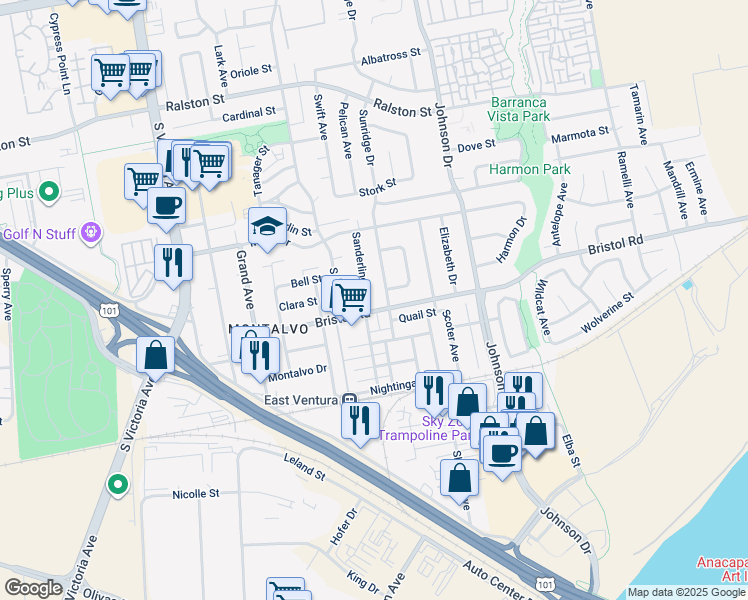 map of restaurants, bars, coffee shops, grocery stores, and more near 2286 Sanderling Street in Ventura