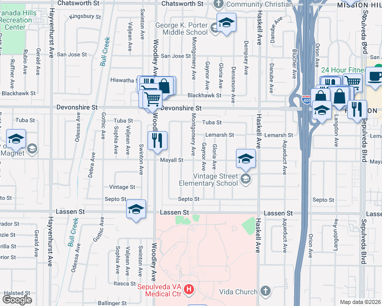 map of restaurants, bars, coffee shops, grocery stores, and more near 10115 Montgomery Avenue in Los Angeles