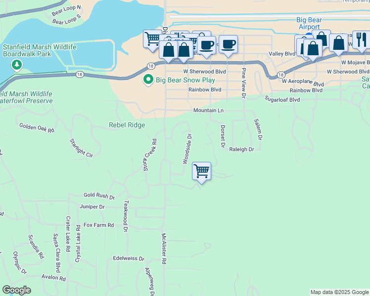 map of restaurants, bars, coffee shops, grocery stores, and more near 481 Woodside Drive in Big Bear