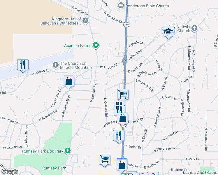 map of restaurants, bars, coffee shops, grocery stores, and more near 210 West Sherwood Drive in Payson