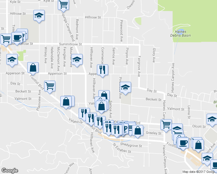 map of restaurants, bars, coffee shops, grocery stores, and more near 10164 Samoa Avenue in Los Angeles