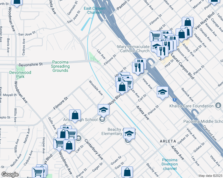 map of restaurants, bars, coffee shops, grocery stores, and more near 14055 Van Nuys Boulevard in Los Angeles